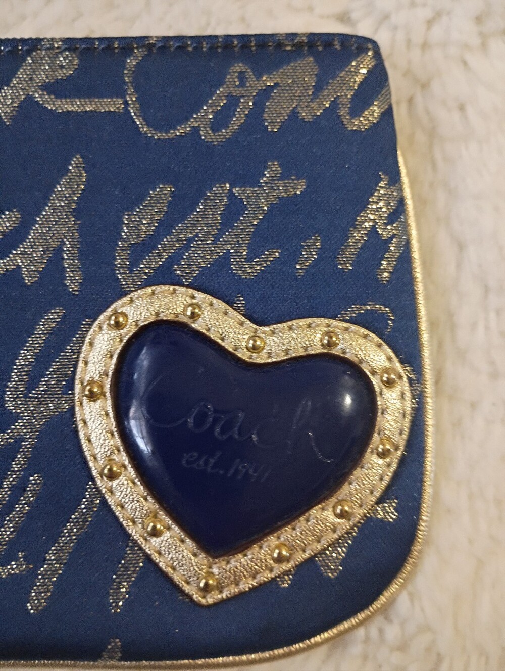 Coach BNWT Navy Blue and Gold Script Wristlet Clutch - Picture 3 of 10